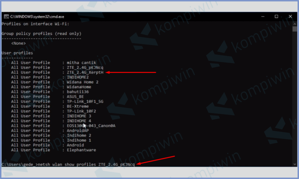 Masukkan Perintah Netsh Wlan Shot Profiles (Nama Wifi) 